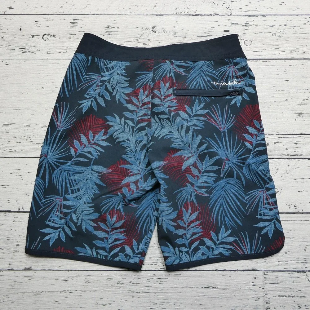 TravisMathew Shorts Boys Large Navy Blue Red Palm Leaf Board Shorts Swim Trunks
